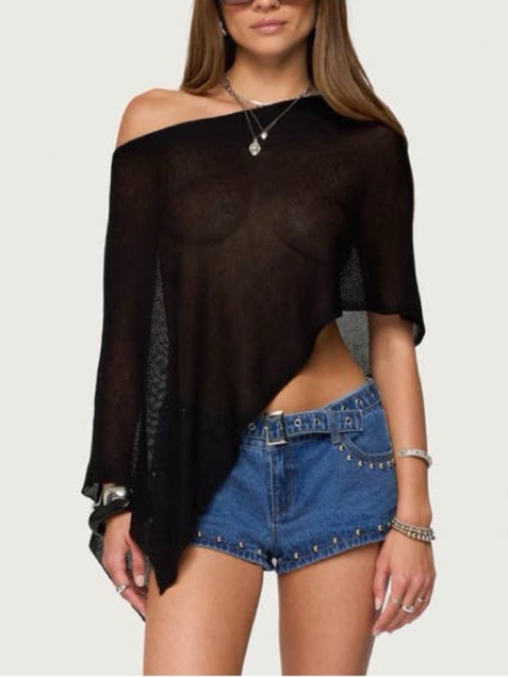 Azalia Asymmetric Sheer Poncho one shoulder